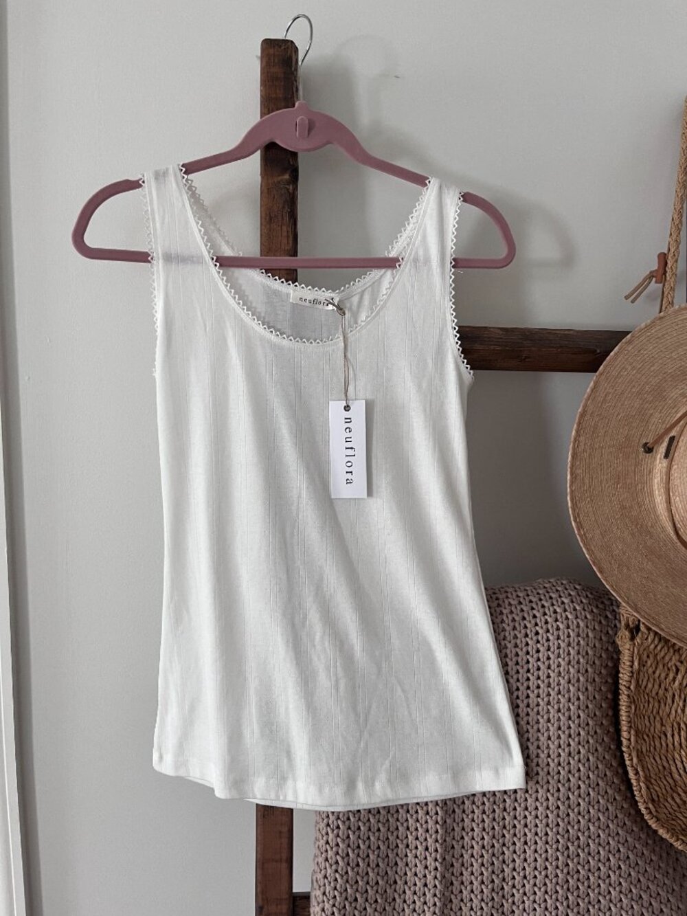 Neuflora White Pointelle Lace Trim Tank Top NWT